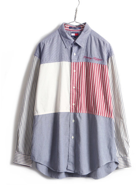 90s ■ トミーヒルフィガー クレイジー 切替 長袖 ボタンダウン シャツ ( メンズ L ) 古着 90年代 オールド TOMMY HILFIGER 長袖シャツ拍卖
