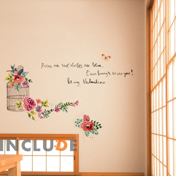 壁ステッカー ウォールステッカー 花 鳥かご 小鳥 薔薇 ローズ 英字 英語 言葉 メッセージ 筆記体 部屋の雰囲気拍卖