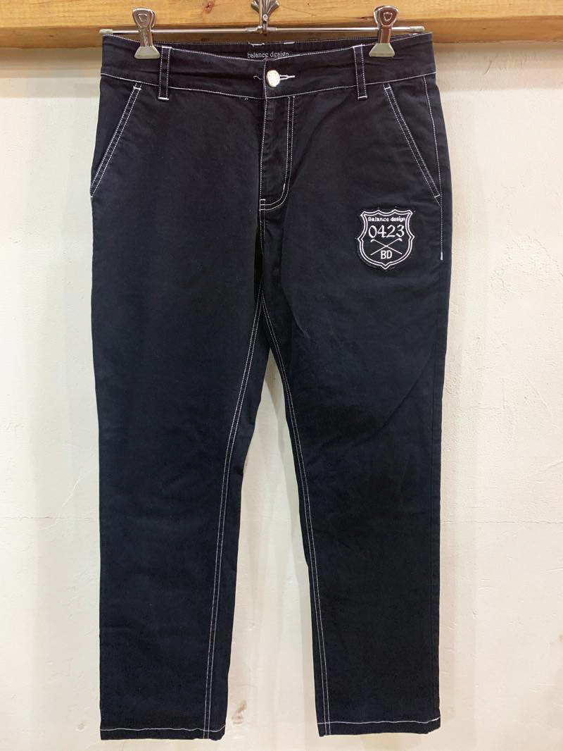 3105★balancedesign/バランスデザイン ワッペン×バック刺繍ブラックカラーゴルフパンツ ゴルフウェア メンズ 32 ホワイトステッチ ★拍卖