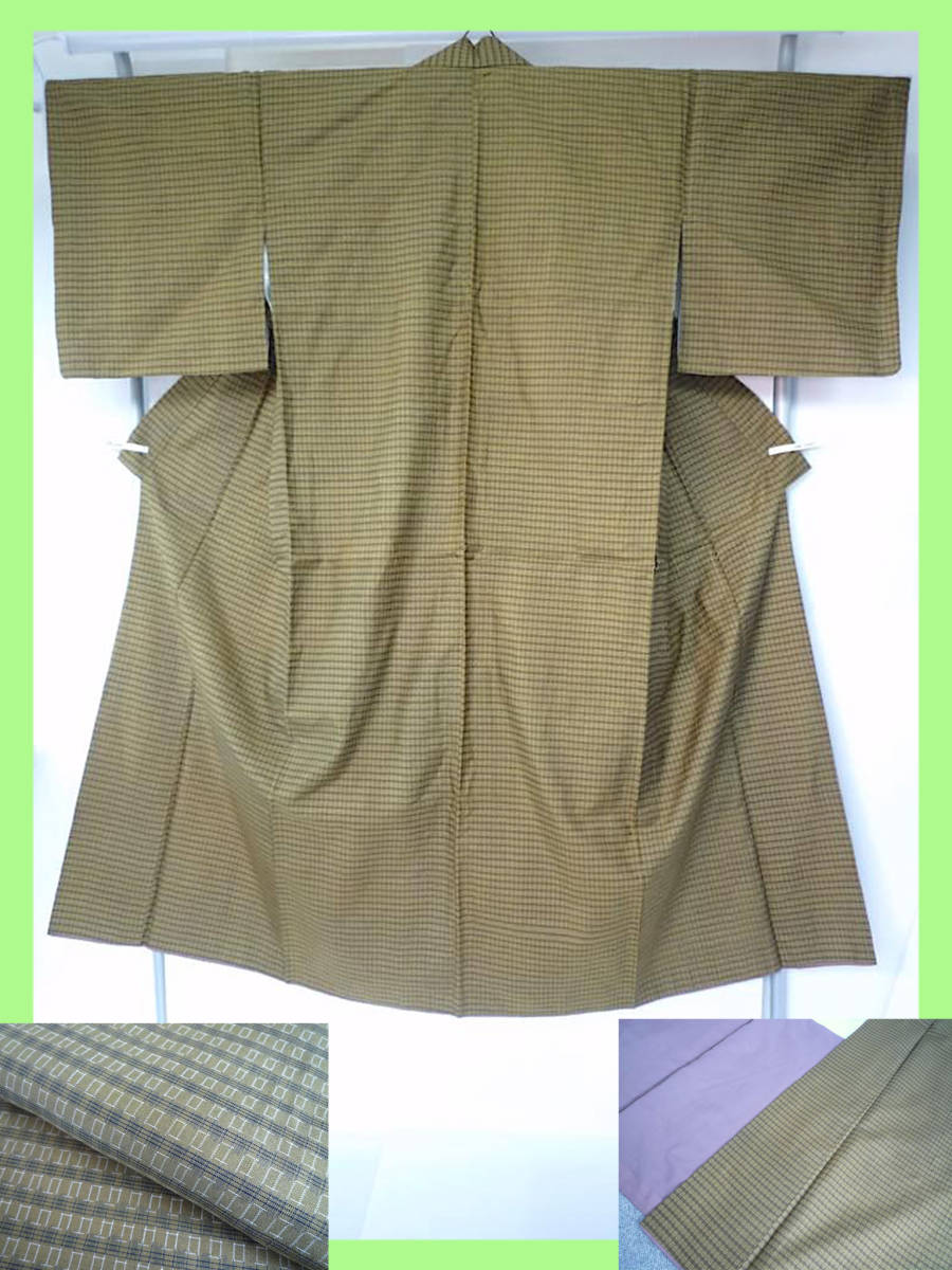 お得 逸品 未使用保管品 着物 小紋 濃緑 藍利休 グリーン系 升目 正絹? 八掛 紫 身丈約144㎝ 裄丈約63㎝ 時代物 お稽古 街着 定形外 U3拍卖