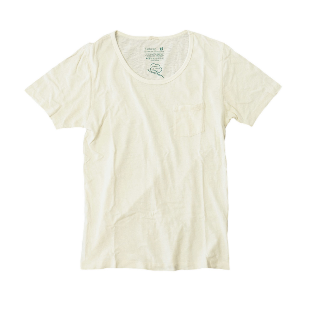 GOHEMP LOOSE NECK TEE【S】ホワイト 生成り ルーズネックTシャツ Uネック オーガニックコットン ゴーヘンプ 麻 フットボール ポケット拍卖