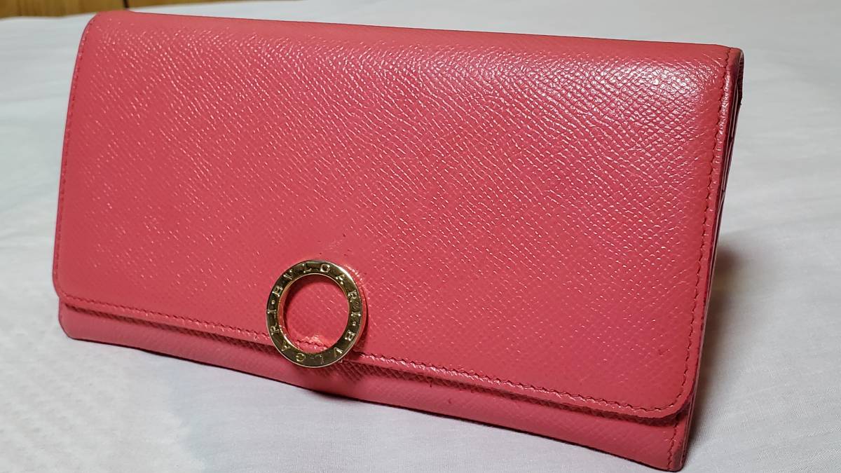 正規 BVLGARIブルガリ B-zeroリングクリップ 長財布赤 小銭入れ有 ロングウォレット 赤系ピンク グレインレザー×ゴールドロゴエンブレム拍卖