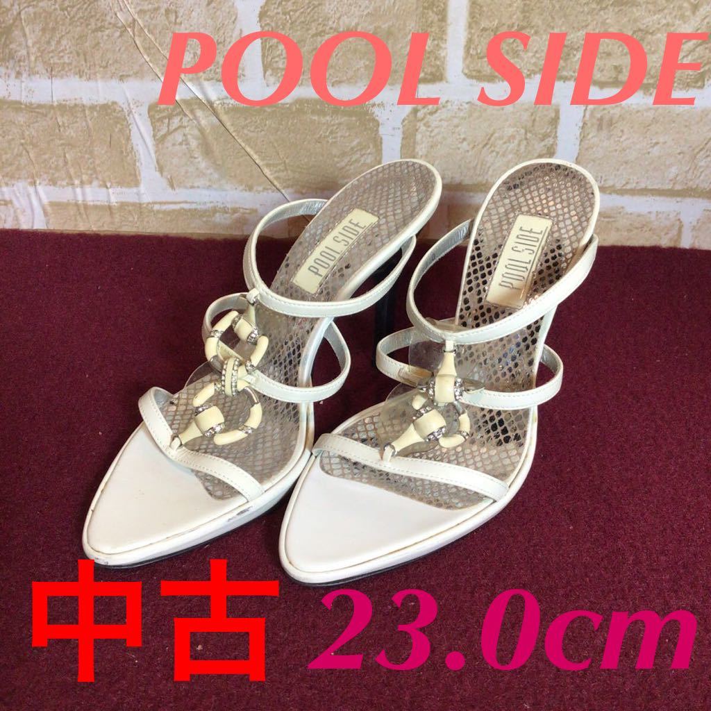 【売り切り!送料無料!】A-190 POOL SIDE!23.0cm!ホワイト!ヒール10cm!ミュール!華奢ストラップ!レディースサンダル!中古!拍卖