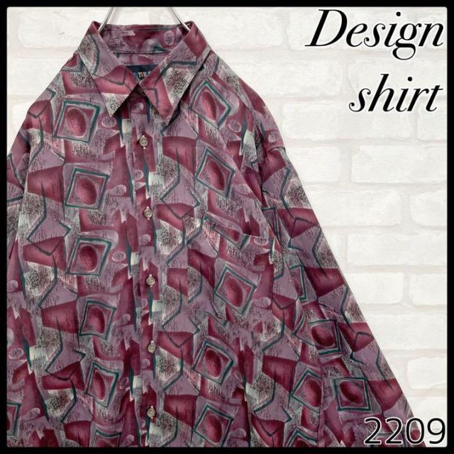 【入手困難】90s ヴィンテージ 日本製 総柄 アート デザインシャツ ボルドー メンズ Lサイズ相当 柄シャツ レトロ拍卖