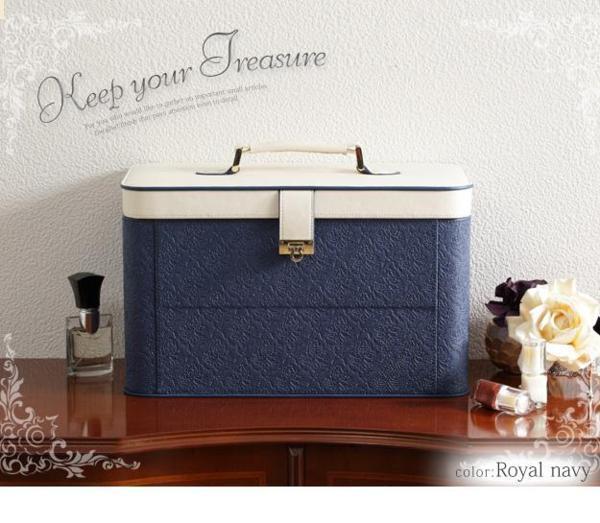 カスタマイズメイクボックス「ワイド」 三面鏡付き/ネイビー拍卖