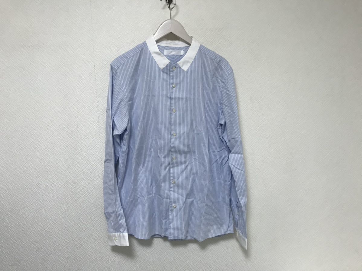 美品本物エトセンスETHOSENSコットンクレリックノーカラードレスストライプ柄長袖シャツアメカジサーフビジネススーツメンズ3青L日本製拍卖