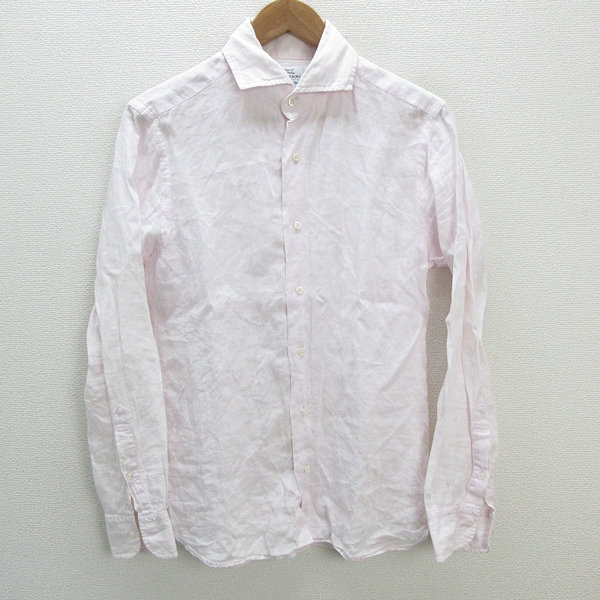 s■ユナイテッドアローズ/UNITED ARROWS SLIM FIT ホリゾンタルカラー リネンシャツ【M】ピンク/MENS/93【中古】拍卖