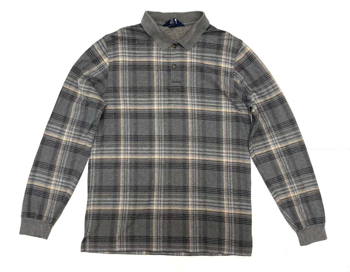 90s USA製 LANDS’END ランズエンド チェック コットン 長袖 ポロシャツ 38-40 M拍卖