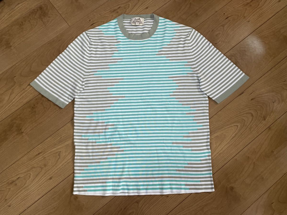 お洒落♪美品♪HERMESエルメス変速ボーダー柄半袖コットンカットソーデザインTシャツ定価75000円ユニセックス男女兼用メンズレディース拍卖