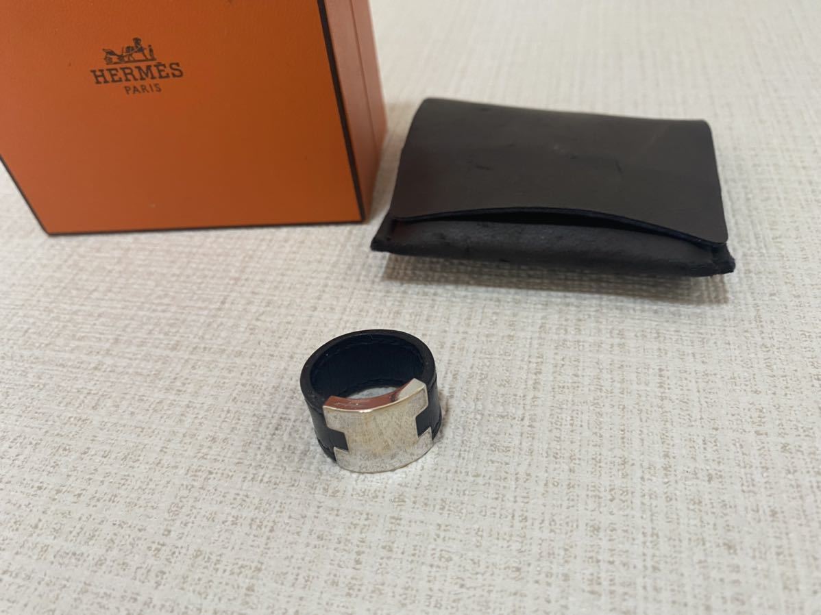 美品☆HERMESエルメスルーリーリング12号 ☆Hロゴ金具レザーリング本革指輪刻印有りメンズレディース男女兼用専用箱付き拍卖