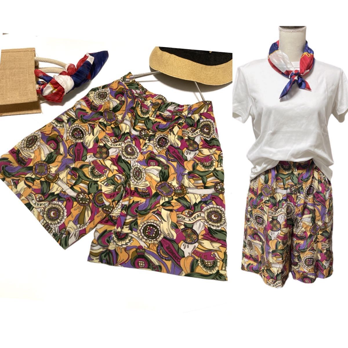 【CORDIER コルディア】イタリア柄キュロット 総柄 ショートパンツ 40サイズ ボタニカル柄 日本製拍卖