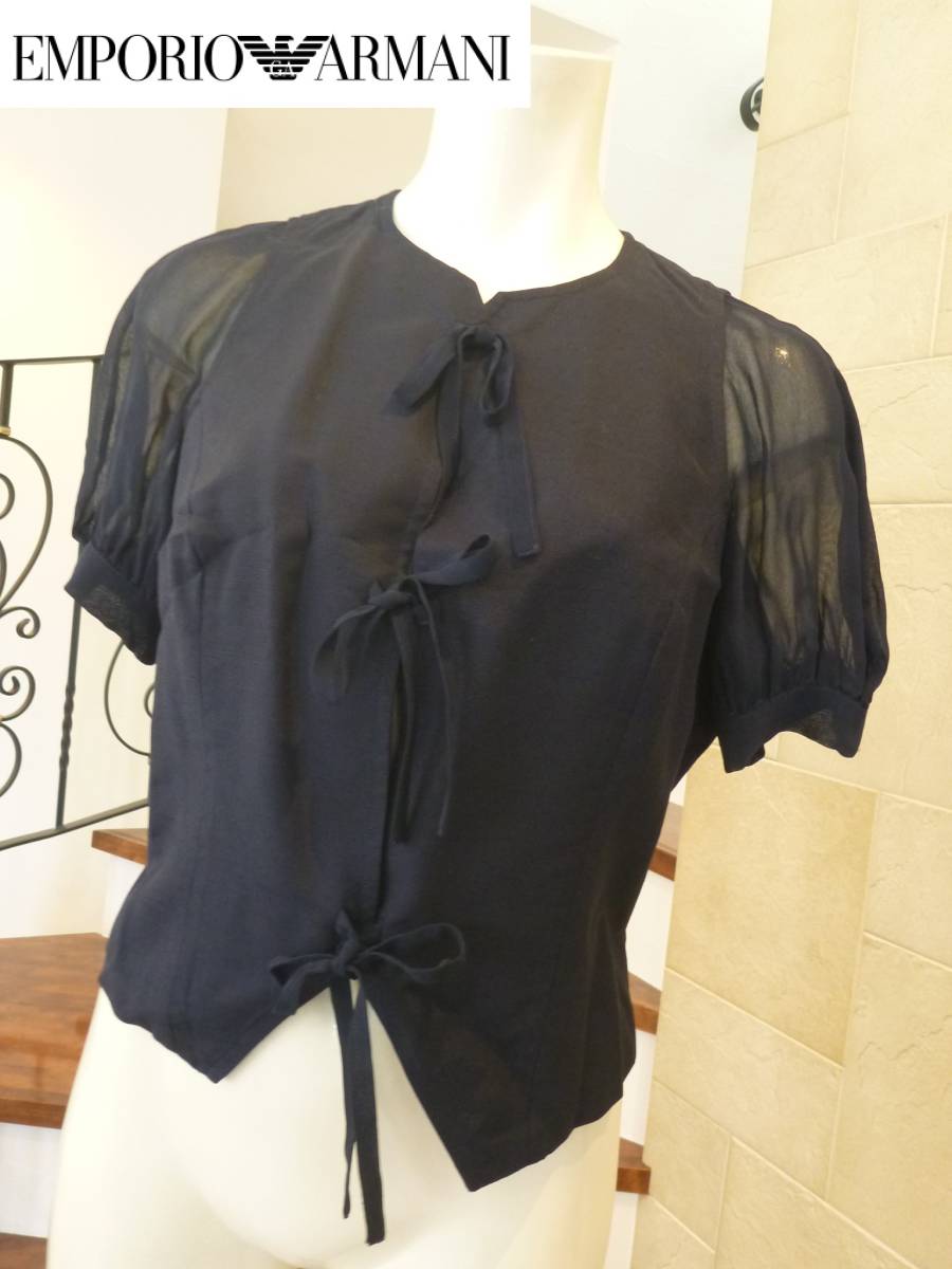 美品 EMPORIO ARMANI エンポリオ アルマーニ★イタリア製 紺 ネイビー 袖シフォン トップス 42 L相当拍卖