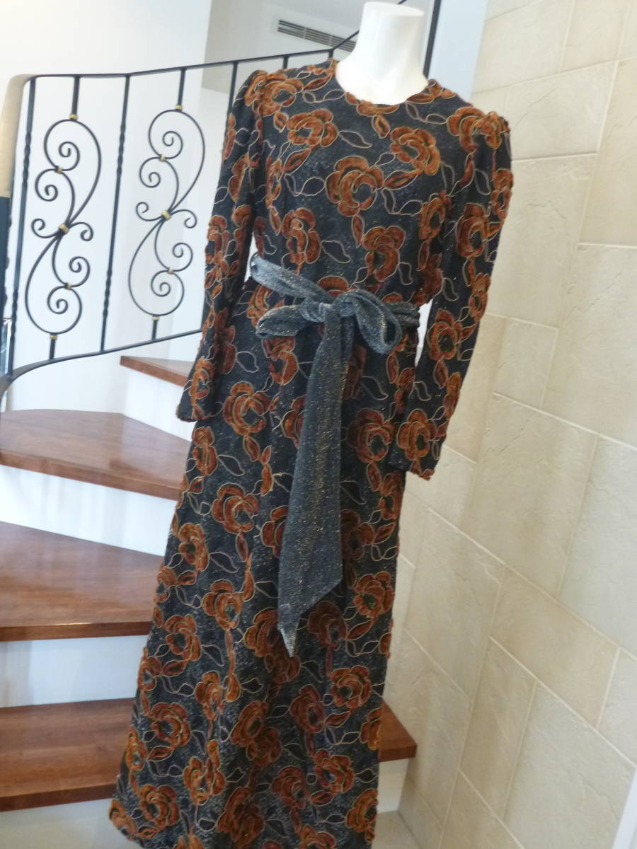 美品 オートクチュール LSLIL 心斎橋★ 黒×茶 総レース 長袖 ワンピース XL相当 パーティ 結婚式拍卖