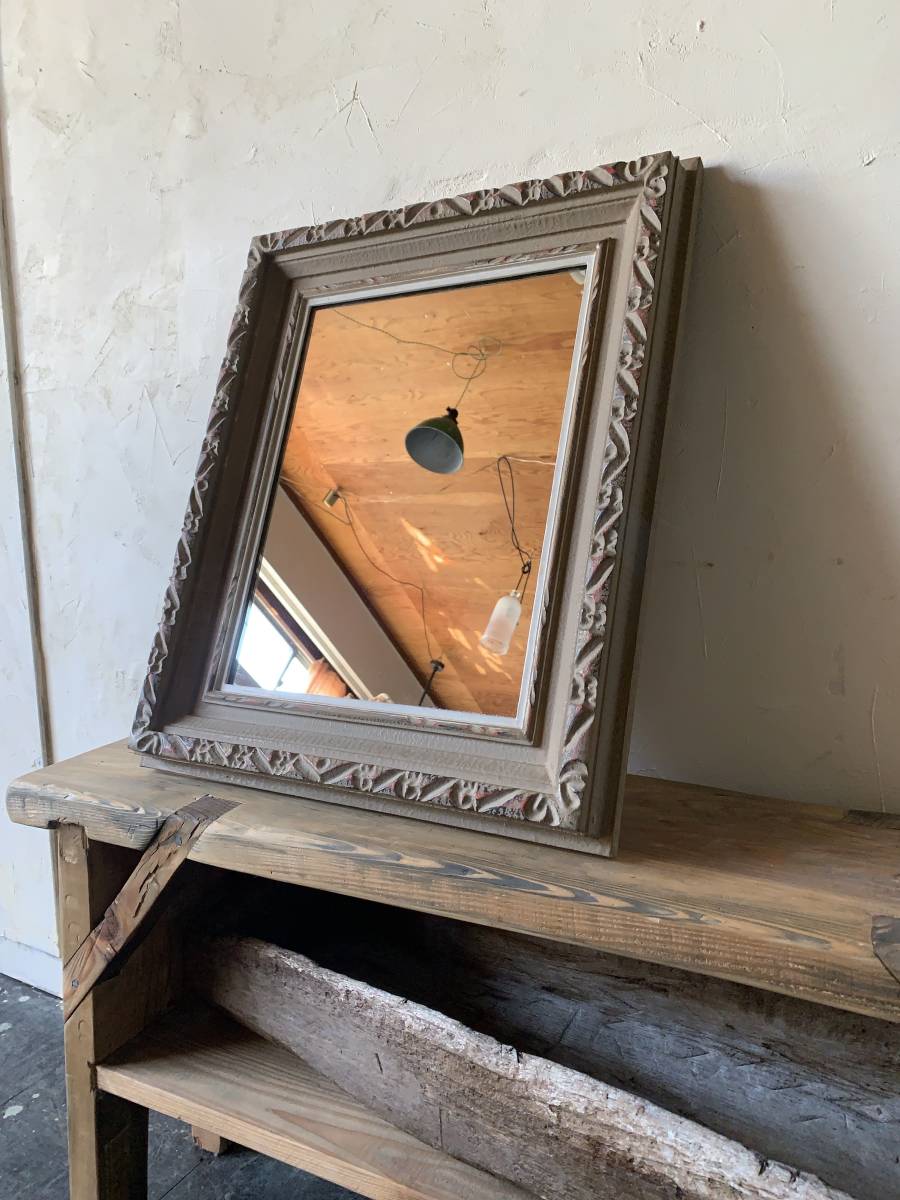 鏡 アンティーク ヴィンテージ 古道具 木枠 インテリア 壁掛け 無垢材 クラシック 木製 古木 古家具 シャビー ブロカント インテリア拍卖