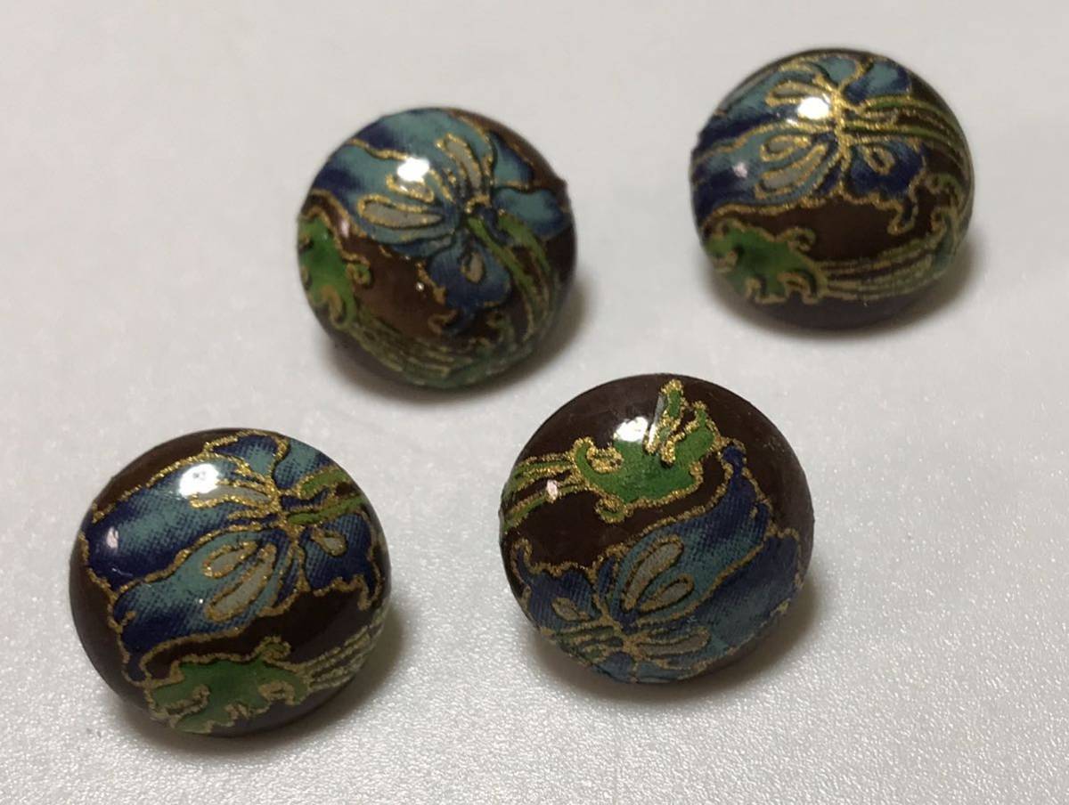 ガラスボタン 4個 和柄 転写 ブラウン メタルシャンク ヴィンテージ拍卖