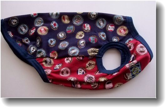 犬服W90-S■Sサイズ■チワワ等小型犬用瓶のふた王冠キャップ柄スムースTシャツ*紺×赤色ハンドメイド拍卖