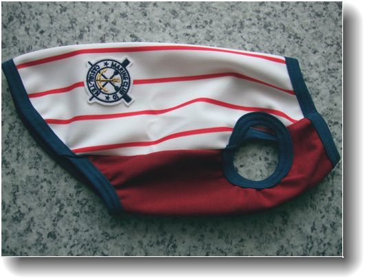 犬服X07-M■Mサイズ■トイプードル等小型犬用マリンジャージ泥除けTシャツ*オフホワイト×赤ストライプ柄ハンドメイド拍卖