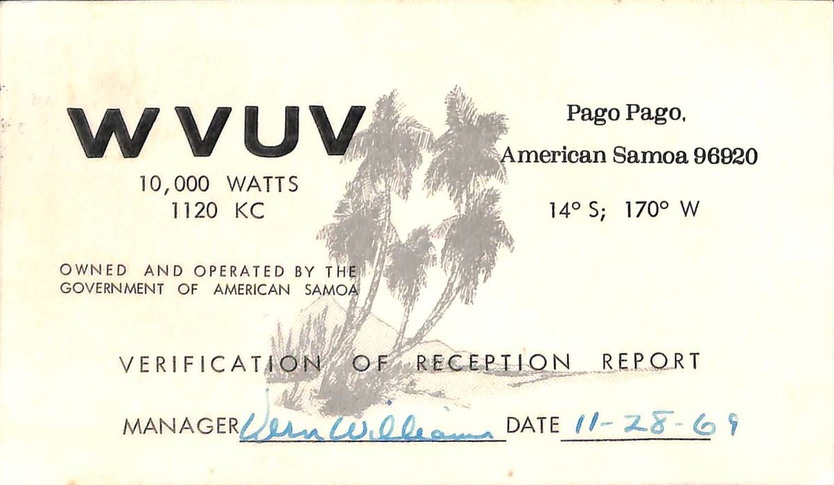 即決★送料込★BCL★難局★入手困難★希少ベリカード★WVUV放送★アメリカ領サモア★東サモア★南太平洋ポリネシア★1969年 拍卖