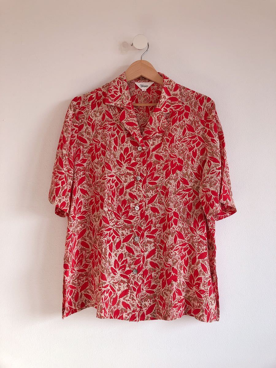 シルク100% 半袖開襟 赤総柄 ブラウス拍卖