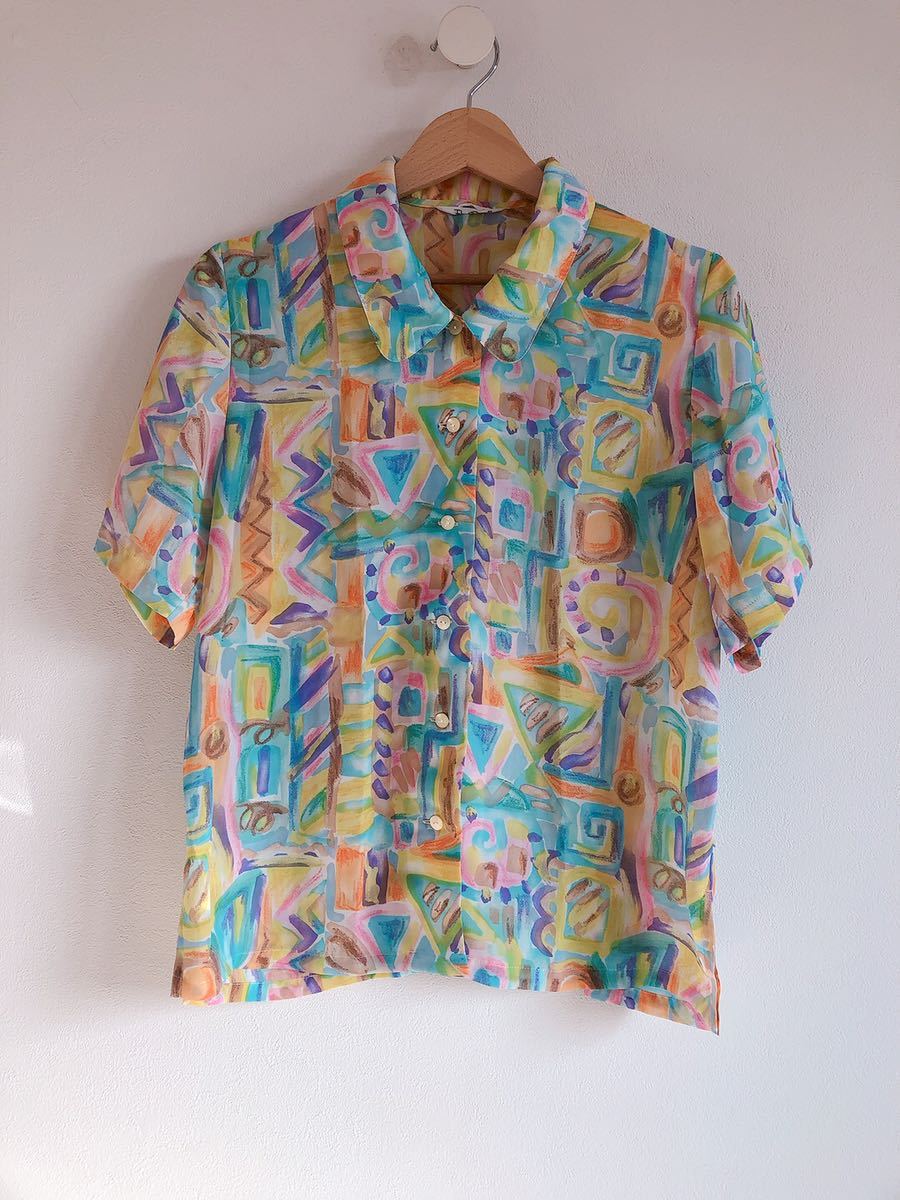 ビンテージ パステルカラー総柄 半袖サラッとポリエステルブラウス拍卖