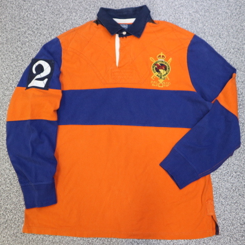90s Polo Ralph Lauren ラガーシャツ XL オレンジ ブルー 長袖 ラグビー ポロシャツ エンブレム 刺繍 ナンバリング ポロ ラルフローレン拍卖