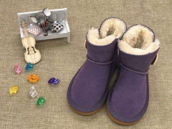 女の子男の子のブーツ冬暖かい足首キッズスノーブーツ子供暖かい靴_紫ボタンあり_18cm拍卖