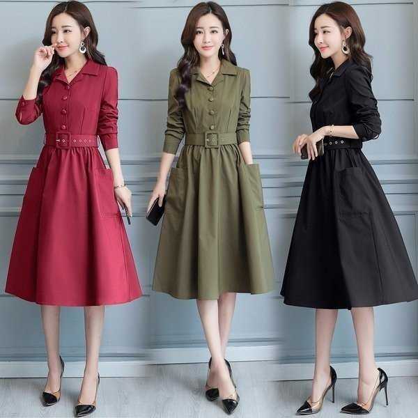ワンピース レディース 秋 膝丈ワンピース きれいめ 長袖 シャツワンピース 無地 ベルト付き ワンピース 大きいサイズ217拍卖