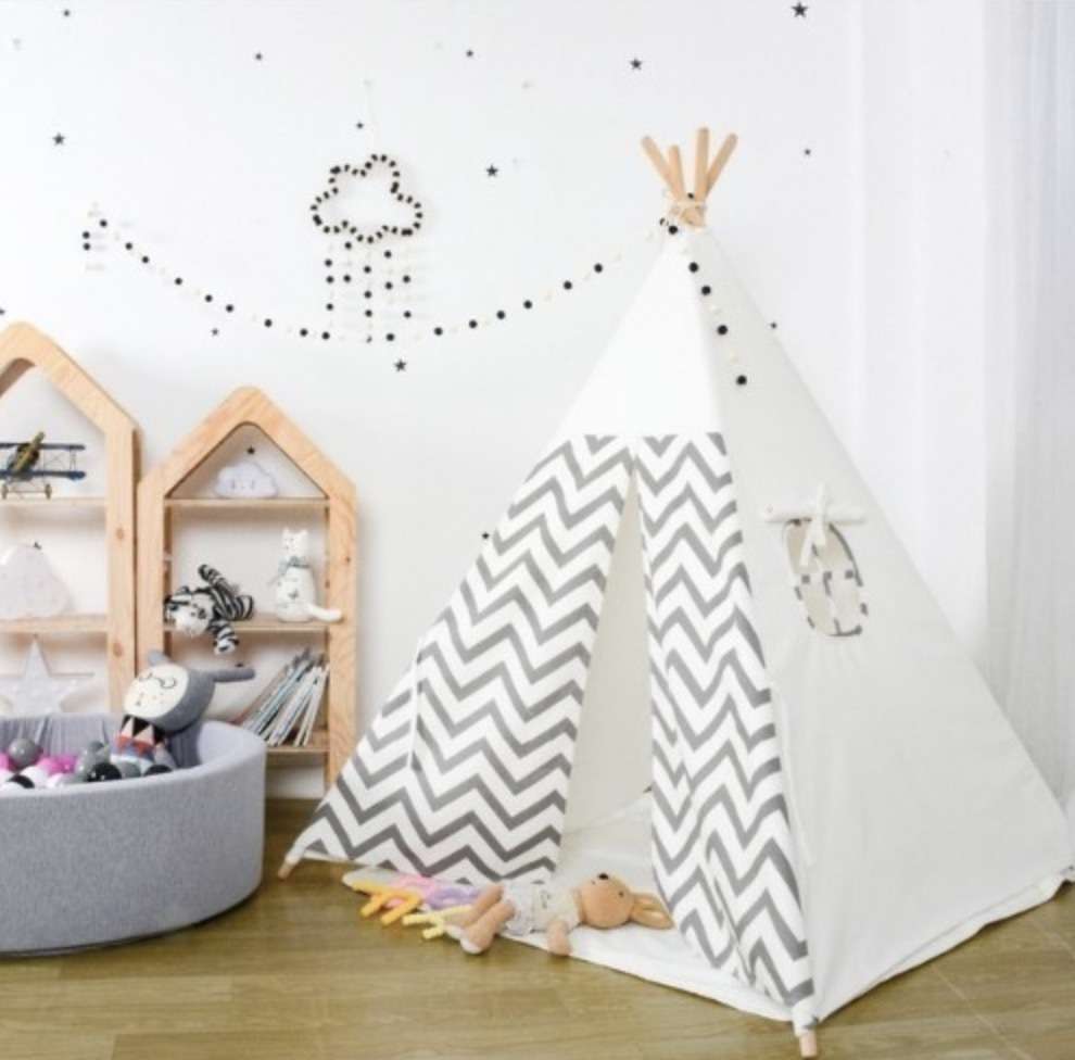 子供の テント 小屋 プレイテント 100% コットン キャンバス グレー ストライプ 子供 ティピー拍卖
