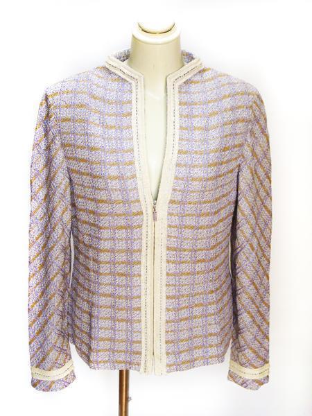 St.John セントジョン アパレル レディースノーカラージャケット パープル×ベージュ サイズ:10 K650072拍卖