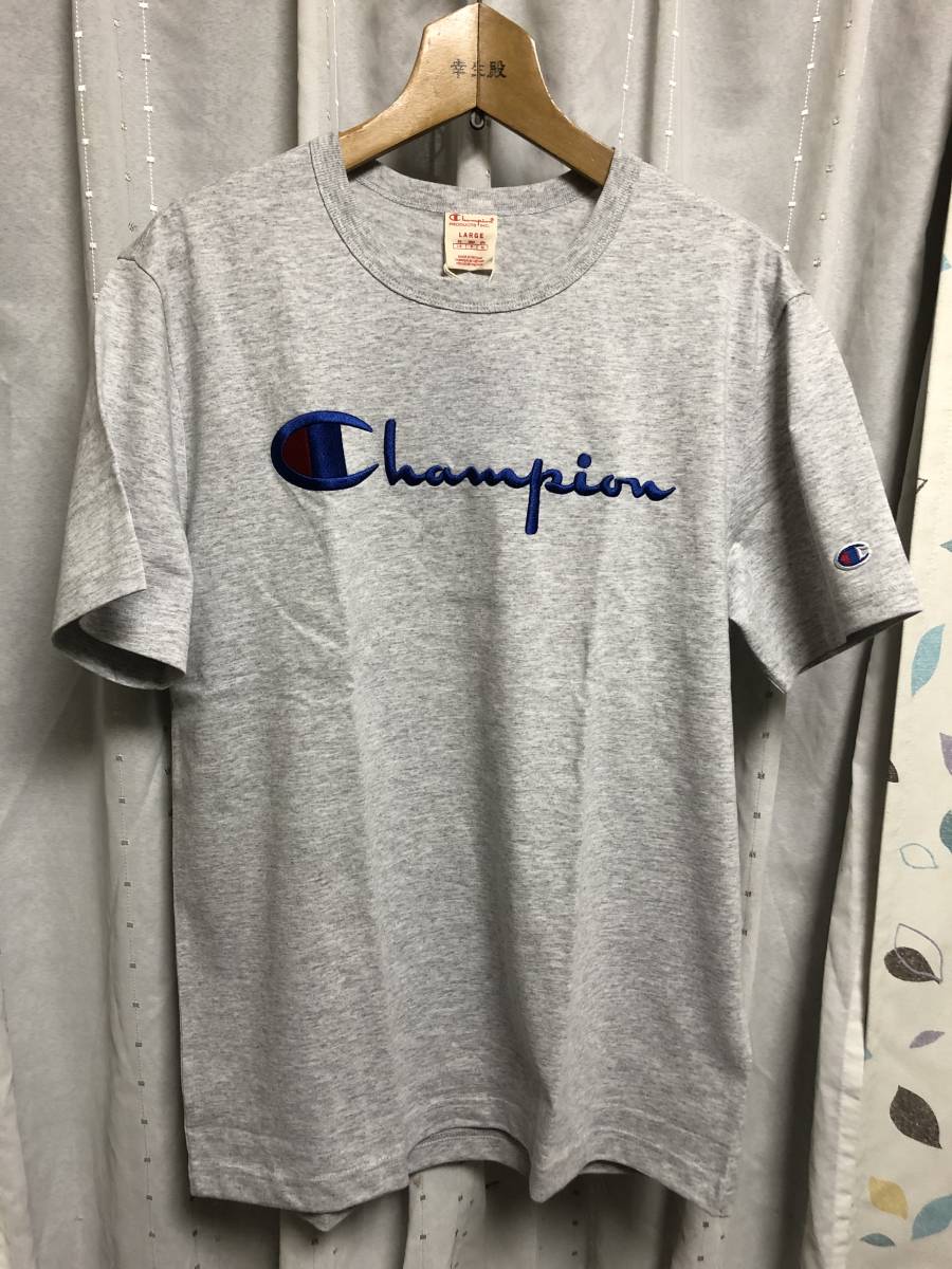 新品 Champion Large Logo Crewneck SS T-Shirt Grey US L 海外規格 チャンピオン 刺繍 tシャツ reverse weave tee拍卖