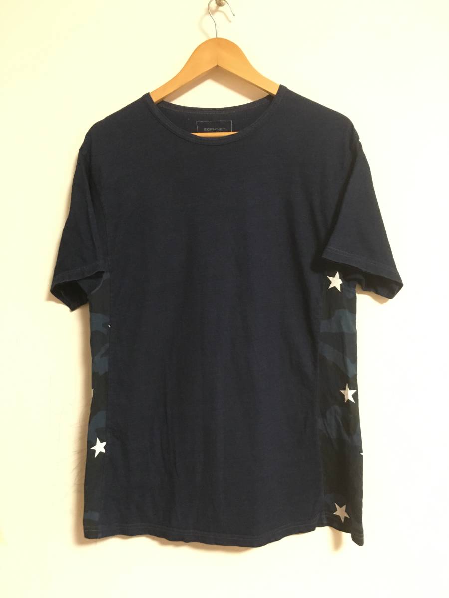 ★SOPHNETソフネット インディゴ染めTシャツ 日本製M スター 星柄 カモフラ 迷彩 ソフ SOPH拍卖