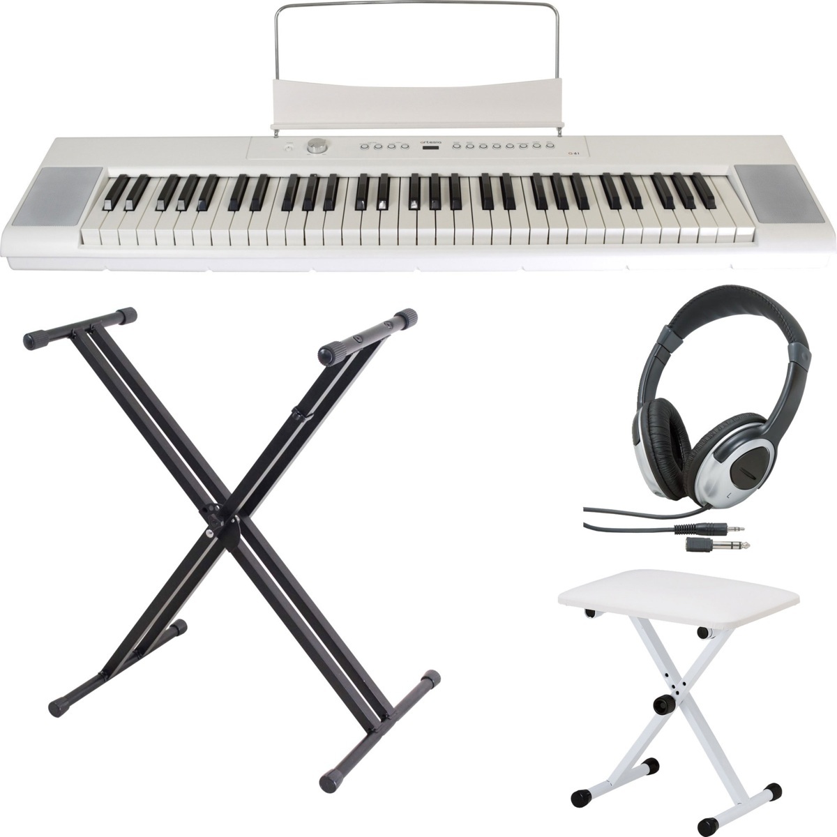 即決◆新品◆送料無料artesia A-61/WH/スタンド+ヘッドホン+イス付 61鍵 セミ・ウエイト鍵盤 モバイル・デジタルピアノ拍卖