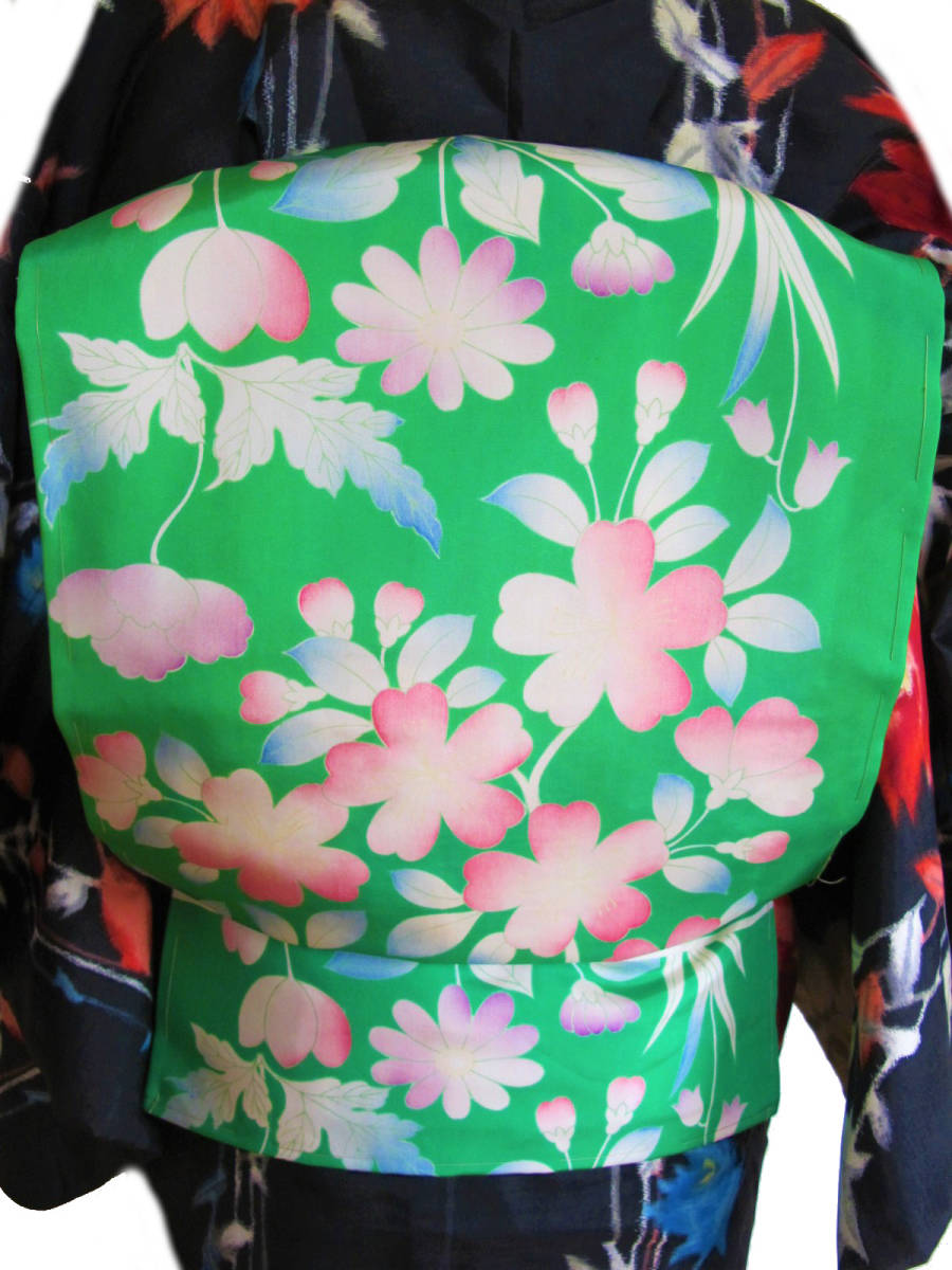 レア色 緑に桜藤チューリップポピー アンティーク名古屋帯 レトロロマン拍卖