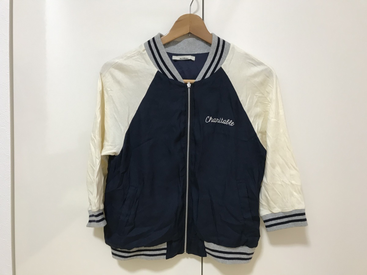 ■【YS-1】 オリーブデオリーブ ■ 七分 スタジアムジャンパー スタジャン ■ 紺系 ネイビー系 白系 ホワイト系 M 【東京発 手渡し可能】D拍卖