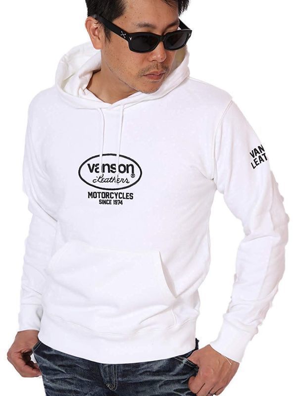 当店別注 VANSON 定番スター★ プルオーバーパーカー ホワイト【XXL】バンソン ACVA-902 スタンダードサイズ バイカー ハーレー 刺繍拍卖