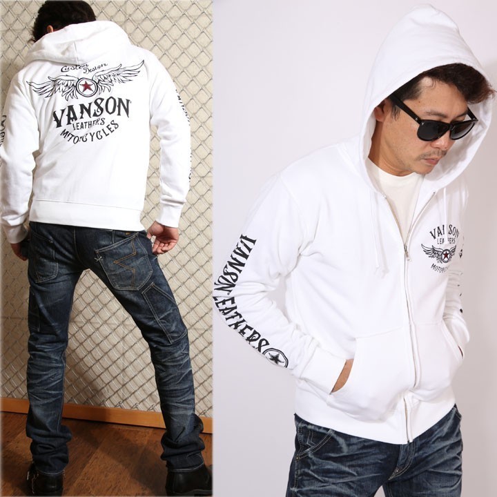 当店別注!VANSON バンソン 定番ウィング フルジップパーカー ACVA-904 ホワイト【Lサイズ】スタンダードサイズ バンソン バイカー拍卖