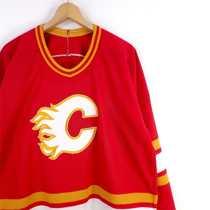 NHL カルガリーフレームス 長袖メッシュ ホッケージャージー メンズUS-XLサイズ相当 ワッペン ユニフォーム レッド jk-2608拍卖
