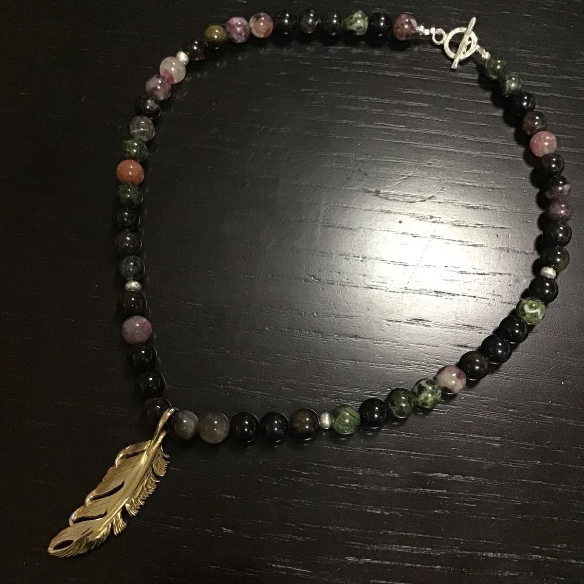 シルバー925 ハンドメイド トルマリン & フェザー ネックレスセット インディアンジュエリー ナバホ族 ゴールドコーティング拍卖