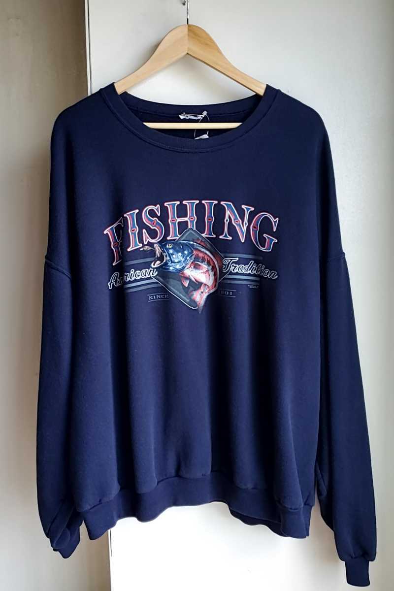 72◆スウェット トレーナー 紺 ネイビー プリント Fishing 魚 釣り 古着 USED 中古拍卖
