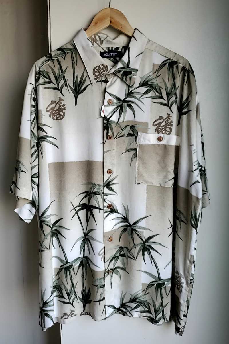 104◆ピューリタン PURITAN レーヨンシャツ sizeXL 白×ベージュ 竹柄 和風 漢字 半袖 総柄 中古 USED拍卖