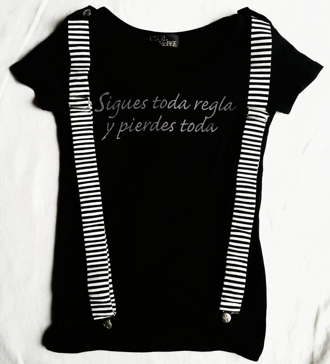 ♪セシルマクビ―★CECIL McBEE★ボーダー柄サスペンダー付き★ブラック半袖カットソー★Mサイズ★洋服★Tシャツ★星 シルバー スター★拍卖