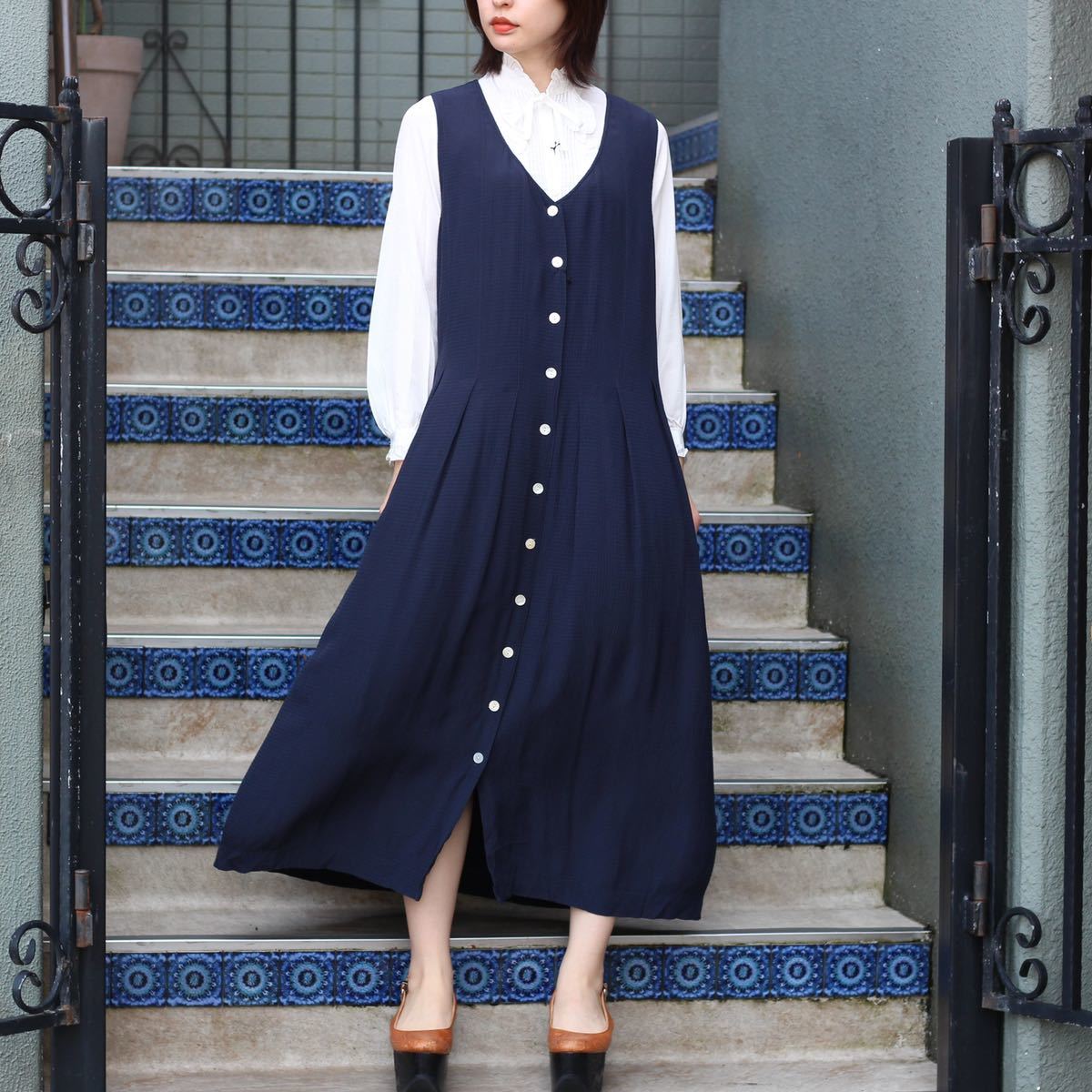 USA VINTAGE talbots/アメリカ古着フロントボタンデザインチェック柄ノースリーブワンピース拍卖