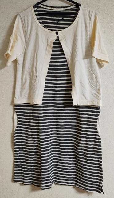 Lサイズ 半袖 重ね着風 ワンピース クリーム色 グレー×白 ボーダー柄拍卖