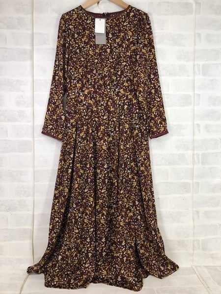 nano universe ナノユニバース タグ付き モザイクフラワータックワンピース ドレス 長袖 花柄 ボルドー×イエロー SIZE:36 LH632022051805拍卖