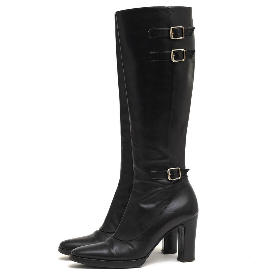 RALPH LAUREN ラルフローレン ロングブーツ ALW51982 牛革 カーフ ベルトデザイン ハイヒール サイドジップ拍卖