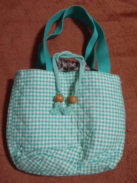 ハンドメイド 巾着 トートバッグ キルティング ミントグリーン パステル ギンガムチェック+タータンチェック拍卖
