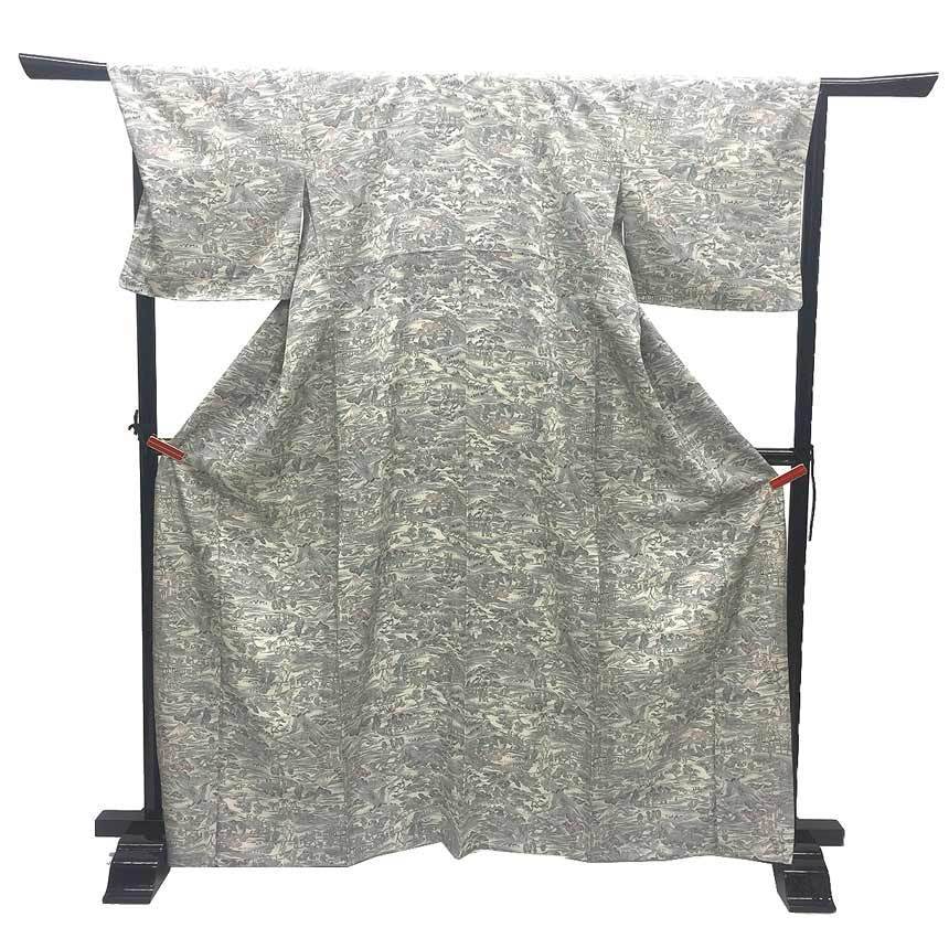 京やH096 正絹 単衣 小紋 ひとえの小紋 東海道五十三次 単衣の時期の着物 ひとえ 5月・6月・9月に 仕立て上がり 仕立済 美品拍卖