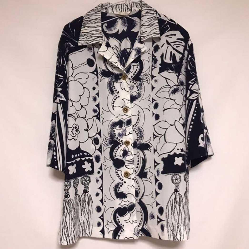 古着 ビンテージ 半袖 ブラウス 花柄 フラワー ボタニカル アート バイカラー拍卖