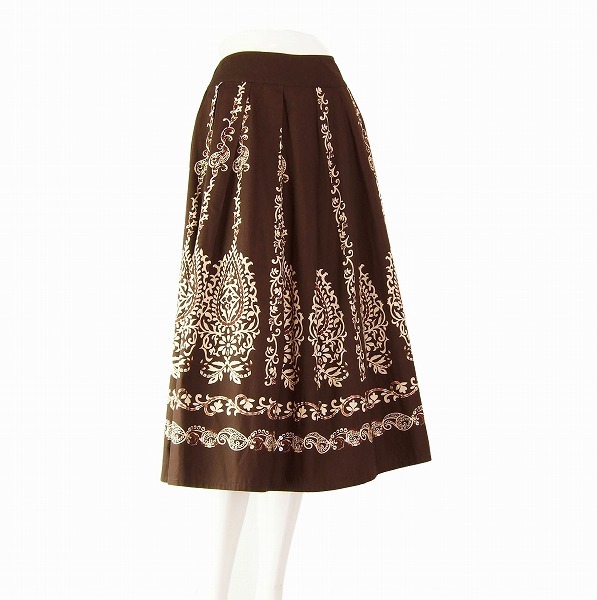 A美品/OTTOcollection オットーコレクション/茶/ボタニカル柄/輝きスパンコール/素敵フレアスカート/11拍卖
