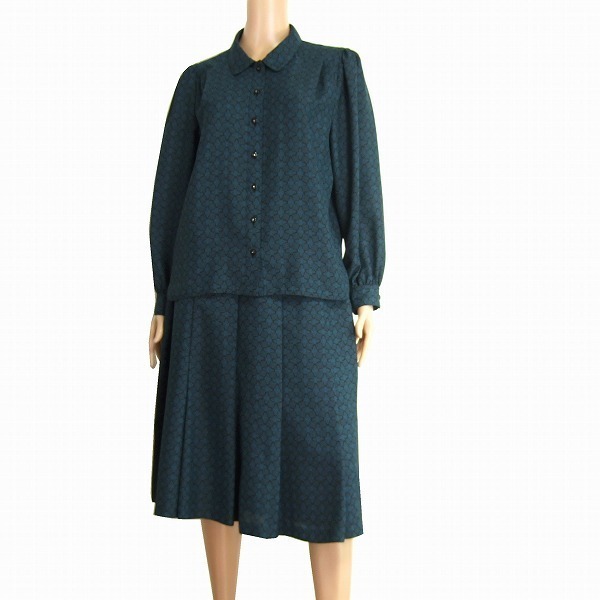 M美品/レリアン Leilian 美柄ブラウススーツ セットアップ 大きいサイズ 表記13号(42号/LL相当) 青緑 昭和レトロ 薄手 春夏向け レディース拍卖